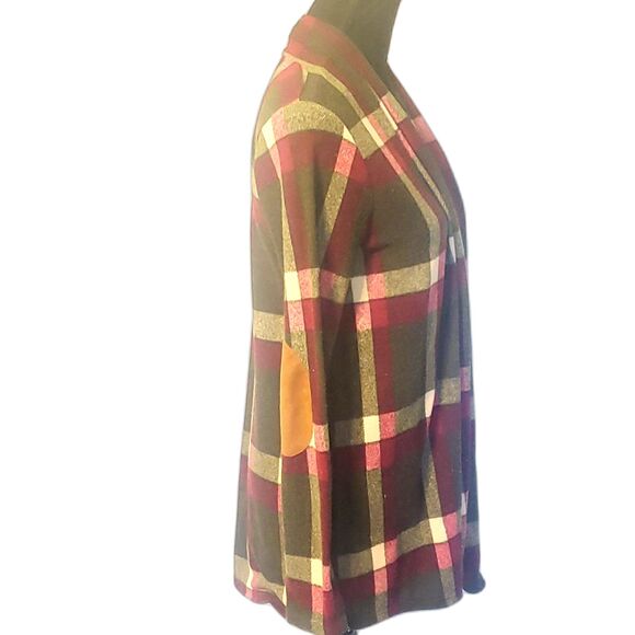 Sun & Moon Olive Plaid Faux Sued Elbow Patch Open Front Cardigan Size Large - Picture 6 of 8